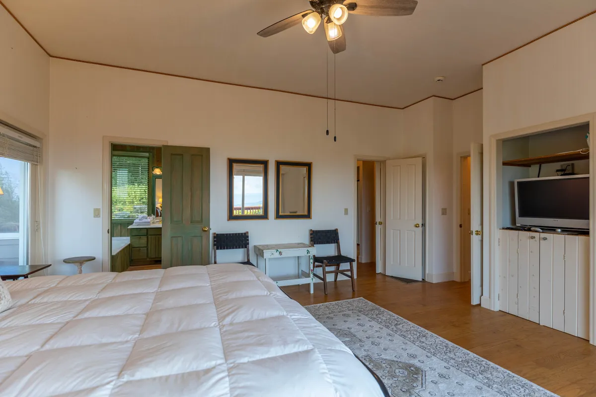 A calm and cozy bedroom with a bed dressed in white comforter, a green door leading to a bathroom, framed mirrors, wooden floor, and a TV on a shelf. The space is flooded with natural light, inviting relaxation and privacy.
